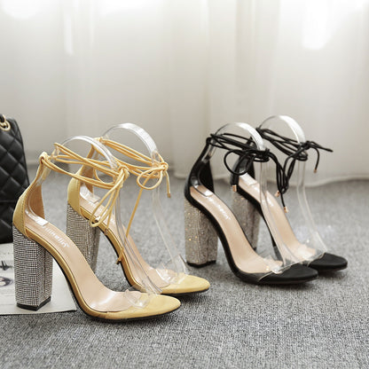 Sandales à talons Rome pour femmes, chaussures de mariage à talons carrés de 10 cm avec bride à la cheville et strass 