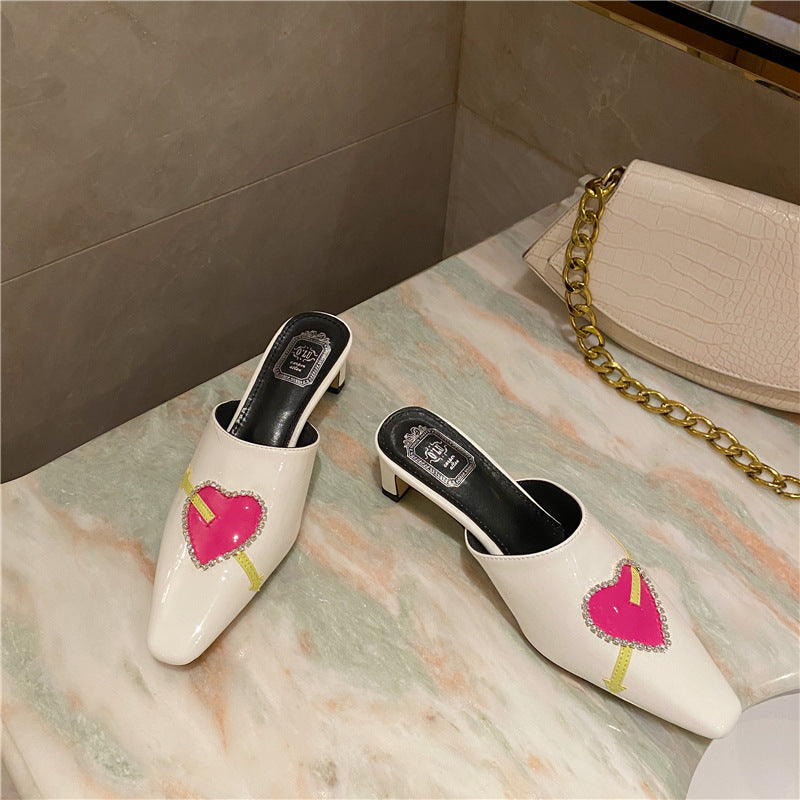 Slippers Square Head Thick Heel Love Baotou Rhinestone Slippers Single Shoes