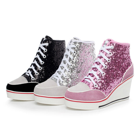 Korean version of high-top casual shoes, women's leather high-heeled shoes, large size women's shoes