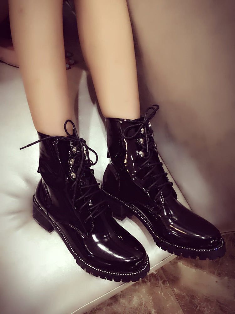 Motorcycle patent leather chunky heel ankle boots