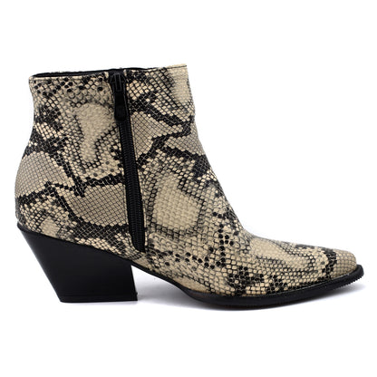 Mid-heel denim snake print ankle boots