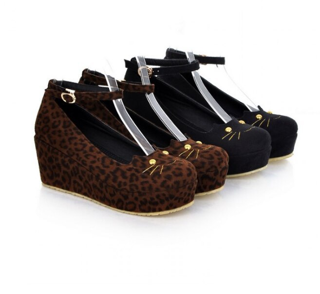 Zapatos de plataforma con cuña y estampado de leopardo y cabeza de gato para mujer