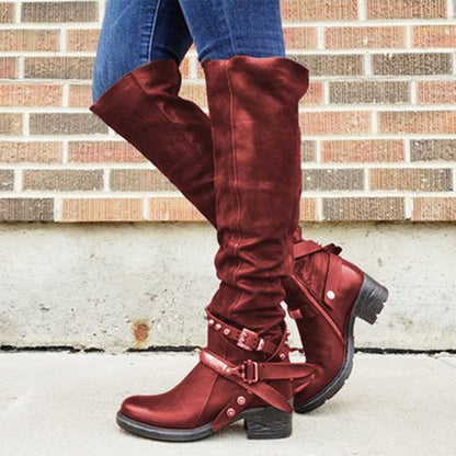 Women's thick mid-heel rivet belt buckle boots