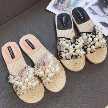 Rhinestone open-toe flat shoes