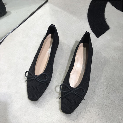 Retro Small Square Toe Bow Hollow Knit Flat Shoes