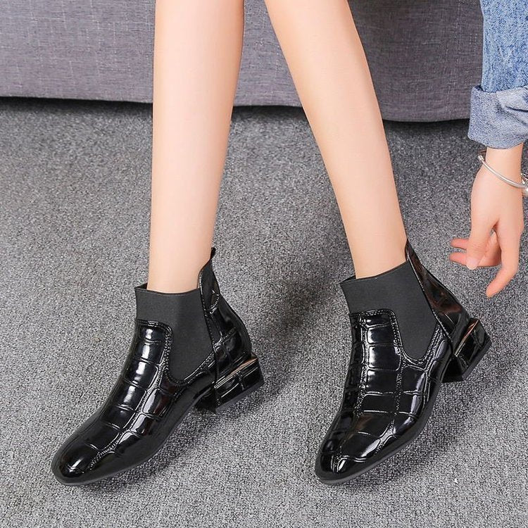 Women's Square Toe Patent Leather Soft Bottom Plus Velvet Warm Cotton Boots Mid-tube Short Boots