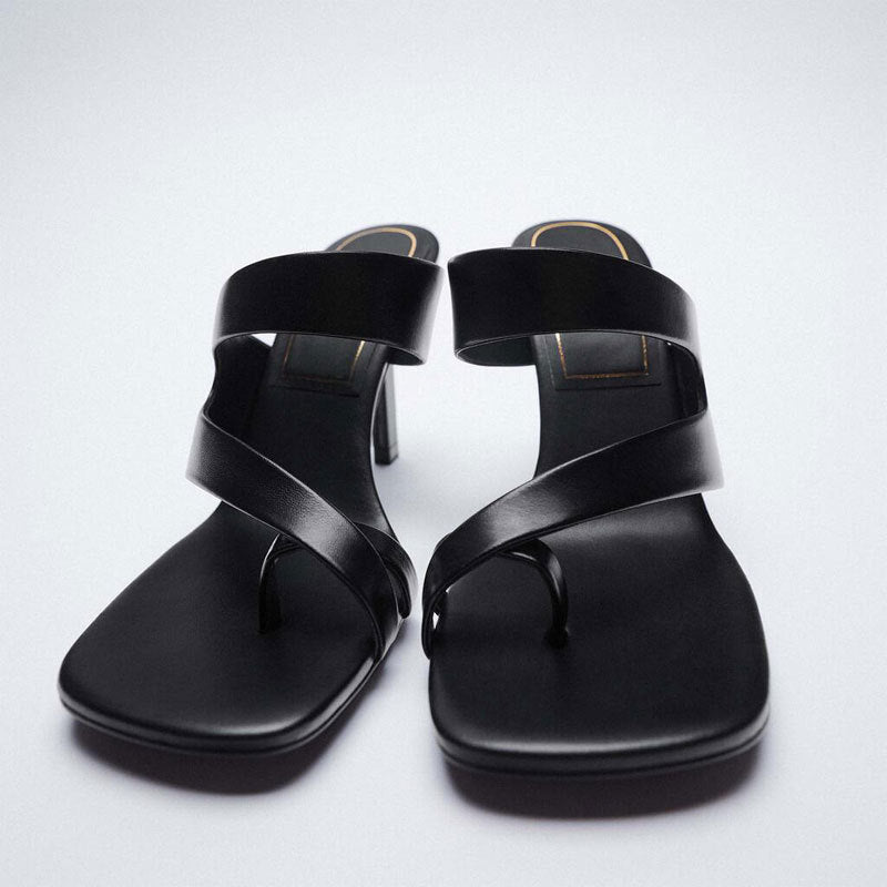 Women's Shoes Black Wild Asymmetric Belt Decorated High-heeled Sheep Leather Sandals And Slippers