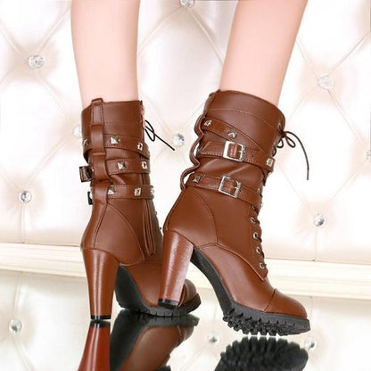 Rivet motorcycle boots oversize high heel ankle boots