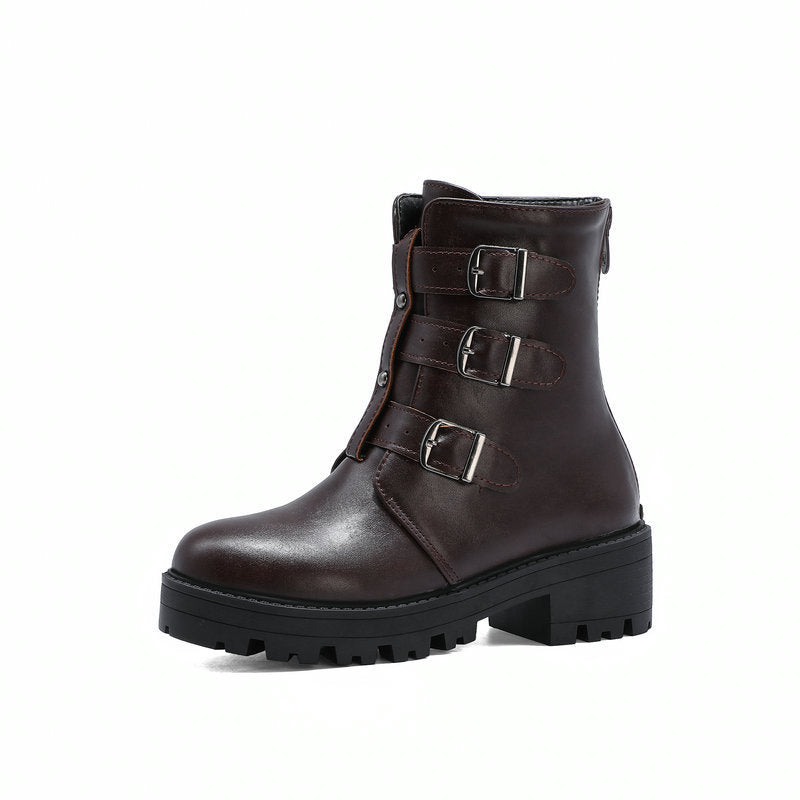 Thick-soled Round Toe Martin Boots with belt buckle