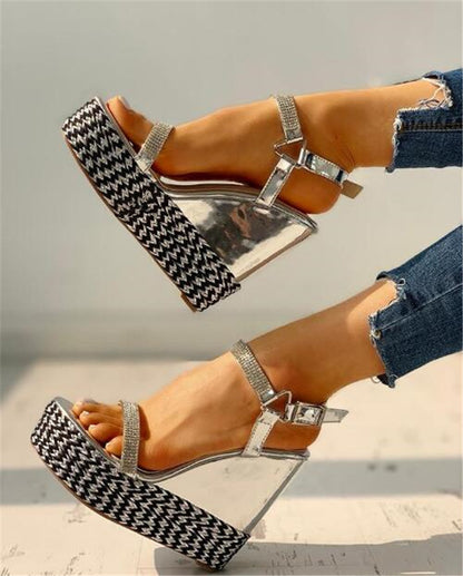 Rhinestone word buckle wedge heeled sandals