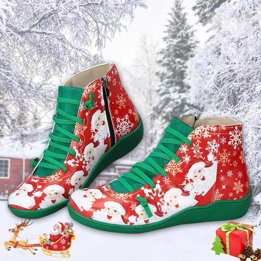 Botines navideños para mujer, con estampado de copos de nieve de Papá Noel, zapatos planos informales sin cordones, diseño de cremallera lateral, botas cortas