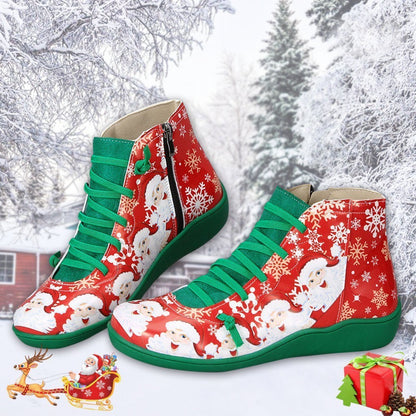 Bottines de Noël pour femmes, chaussures plates à imprimé flocon de neige, père Noël, décontractées, à enfiler, avec fermeture éclair latérale, bottes courtes