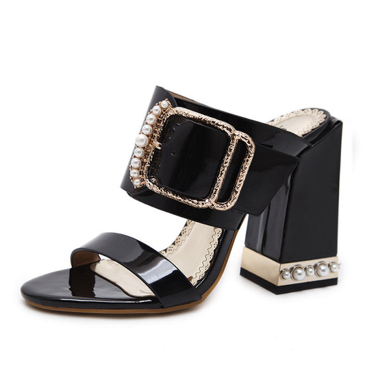 Metal belt pearl buckle high heel sandals