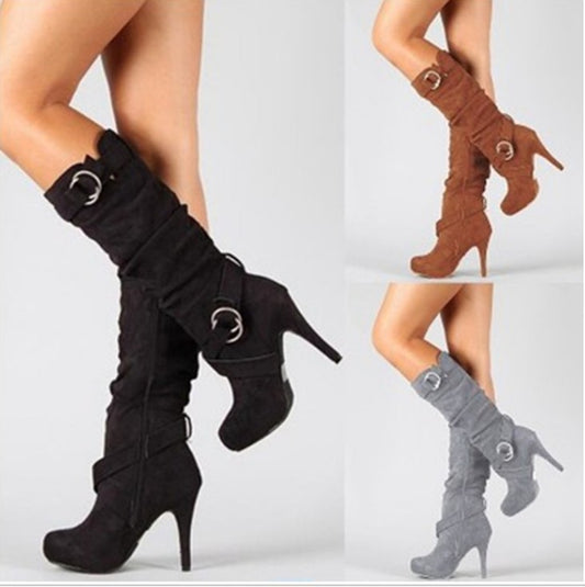 Belt buckle side zip high boots