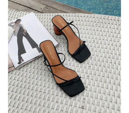 Square toe  thin strap chunky heel sandals