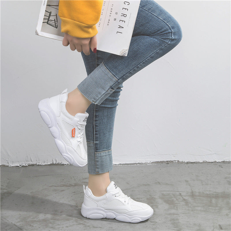 Stitching sneakers for ladies spring bear sole low top lace up shoes for ladies platform soles small white shoes