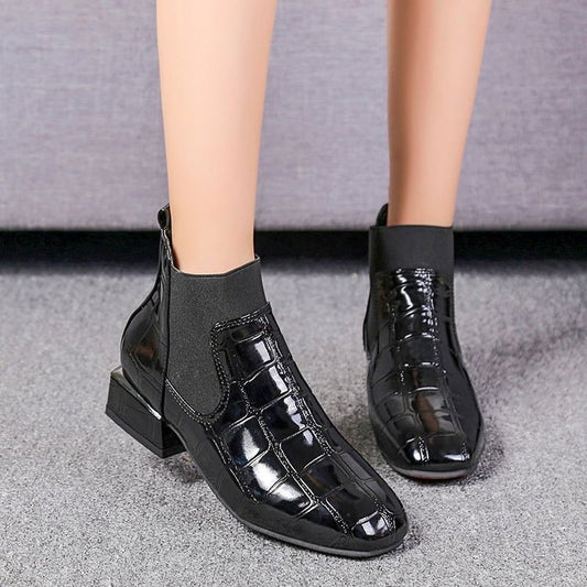 Women's Square Toe Patent Leather Soft Bottom Plus Velvet Warm Cotton Boots Mid-tube Short Boots