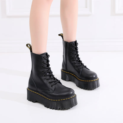 Autumn And Winter Plus Velvet Leather Thick-Soled Zipper Martin Boots Women