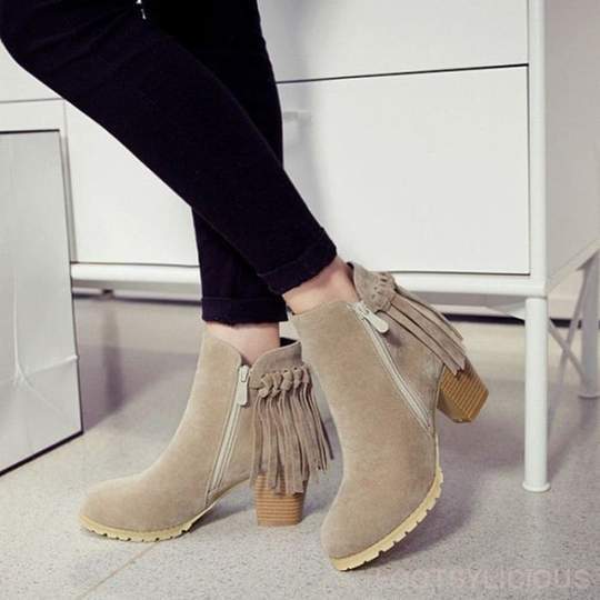 Autumn and winter new European and American thick with round head tassel ankle boots