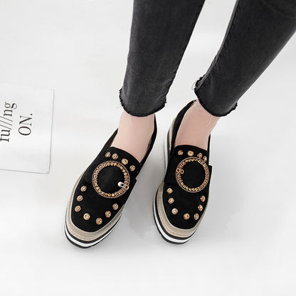 Rhinestone Striped Platform Platform Shoes Round Toe Metal Buckle Wedge Shoes