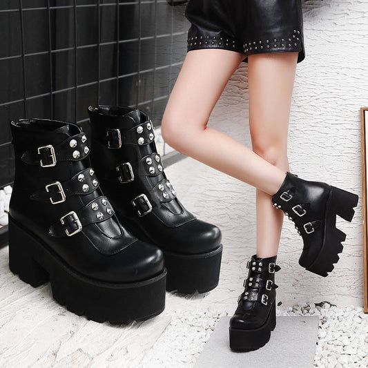 Rivet belt buckle zipper ankle boots