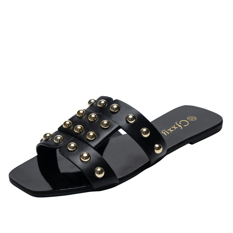 Fashion Rivet Sandals Women's Outer Wear Flat-bottomed Women's Slippers