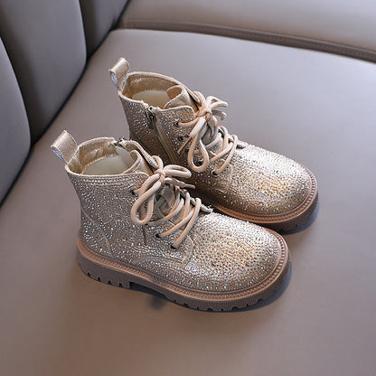 Botas individuales cálidas con diamantes de imitación para niñas y niños, bajas