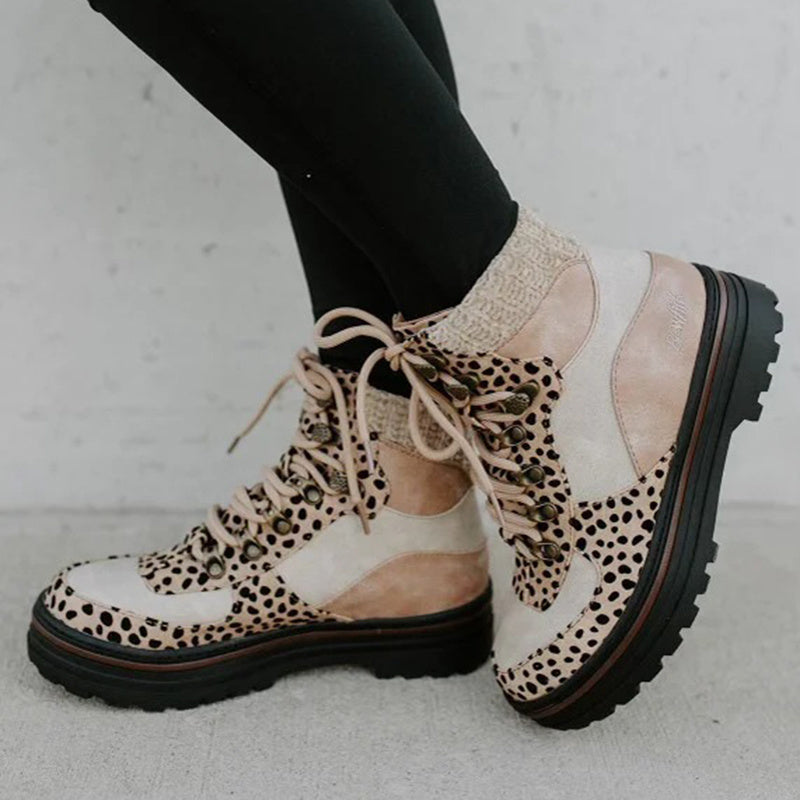 Botas de leopardo para mujer, botas Martin con cordones, zapatos de tacón bajo para invierno