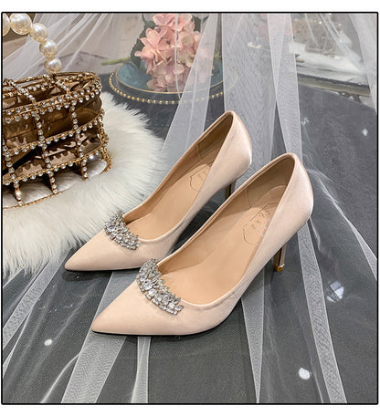 Wedding Shoes Rhinestone Princess Satin Small Size Bridesmaid Champagne Gold Dress Shoes