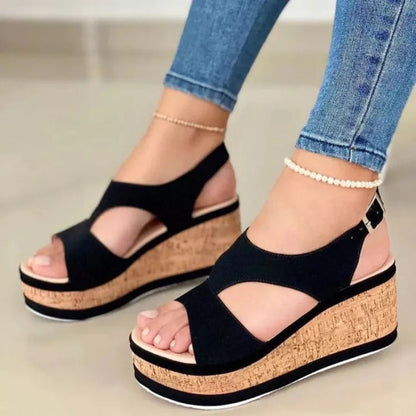 Sandalias de cuña con boca de pez para mujer, suela gruesa, bizcocho