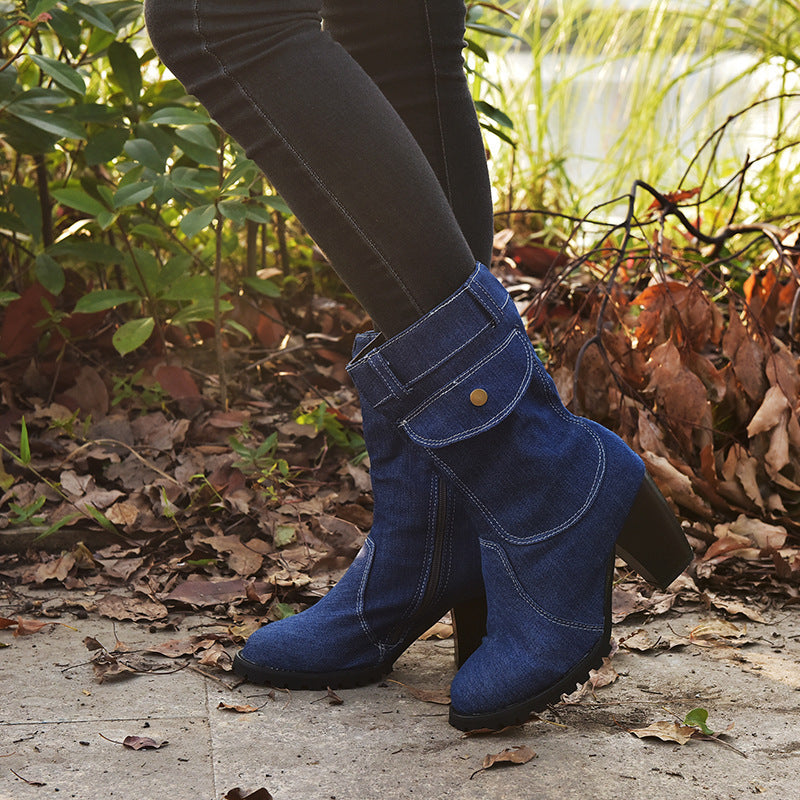 Plus Size High Heel Denim Mid Tube Women Boots