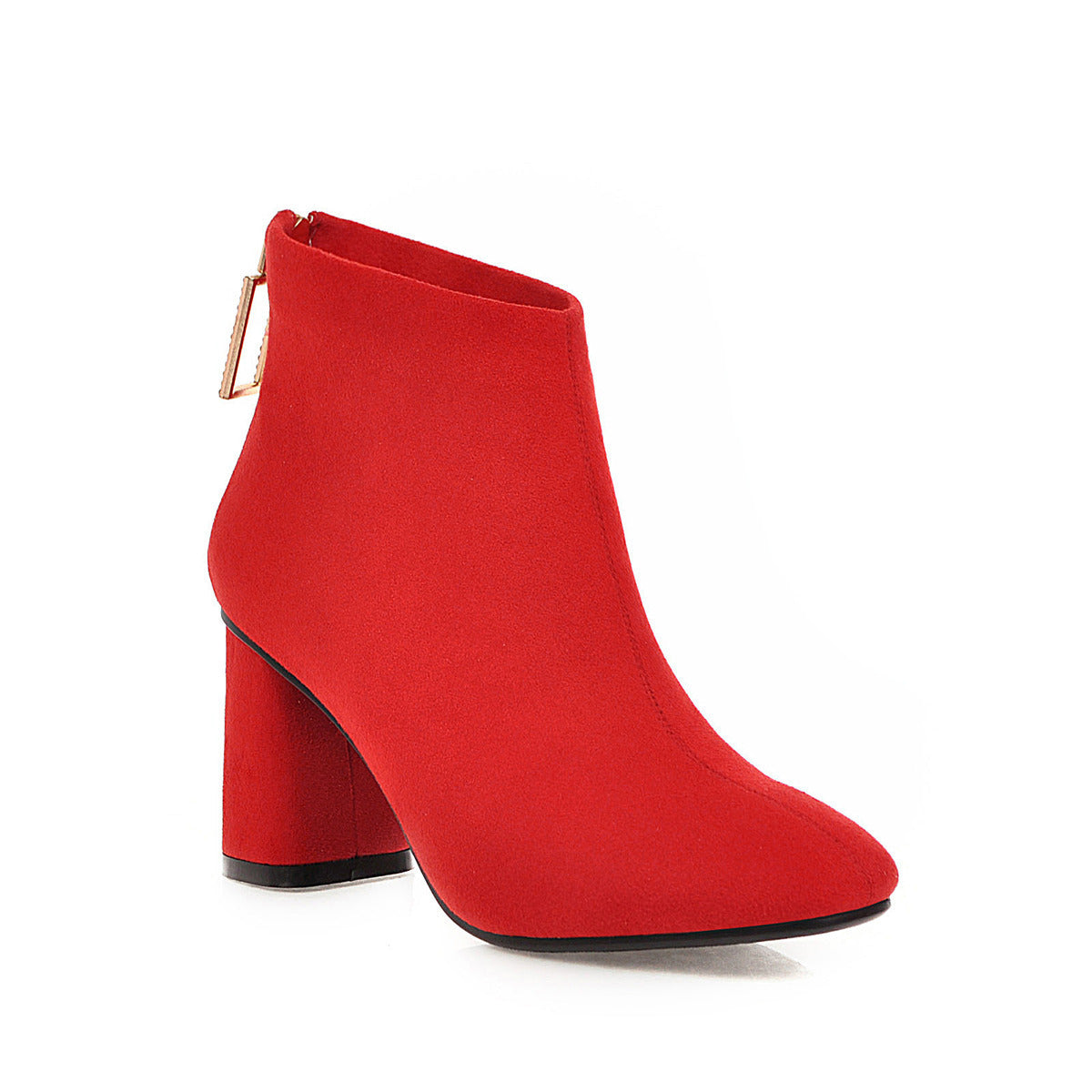 Suede back zipper chunky heel ankle boots