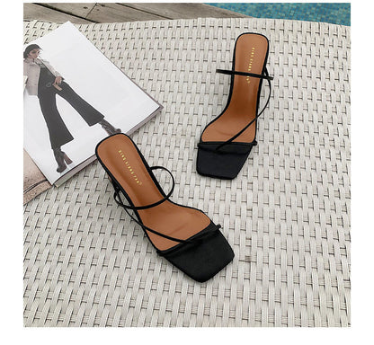 Square toe  thin strap chunky heel sandals