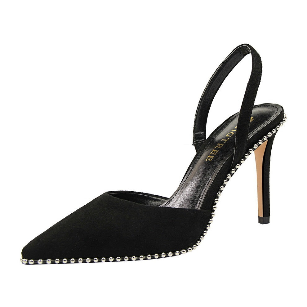 Metal beads pointed high heels stiletto black toe cap