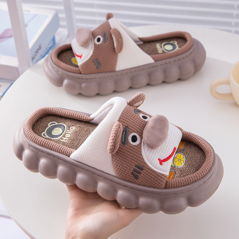 Pantuflas de suela gruesa con dibujos animados de lino para mujer