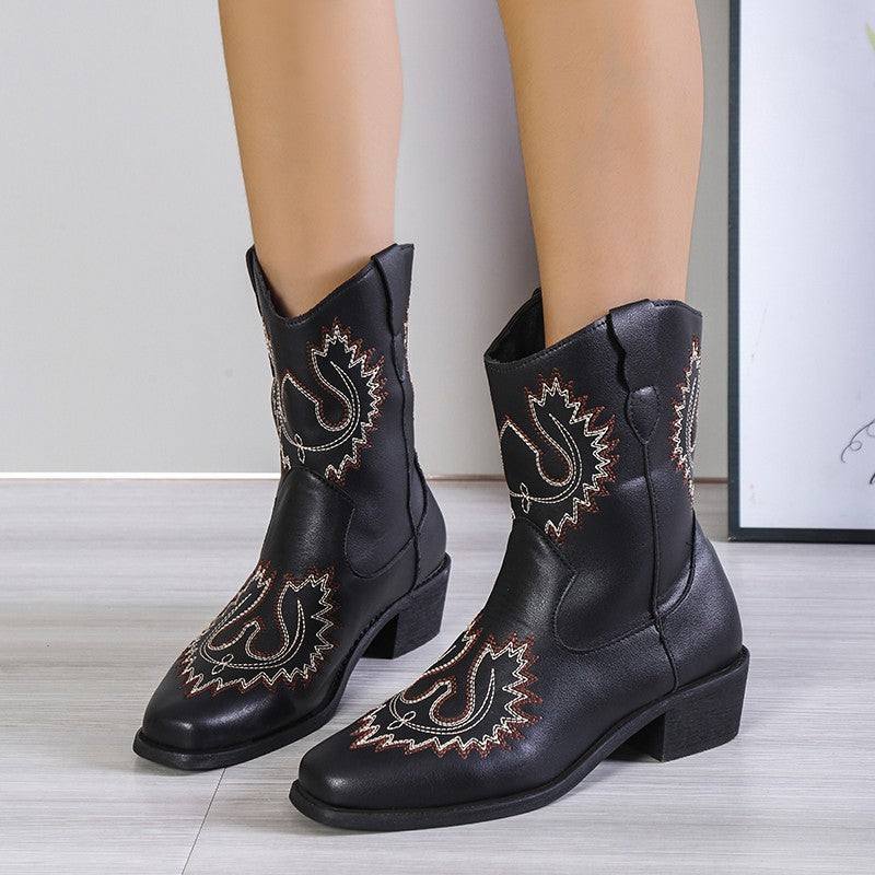 Botas vaqueras bordadas con tacón medio grueso y tacón alto para mujer