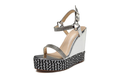 Rhinestone word buckle wedge heeled sandals