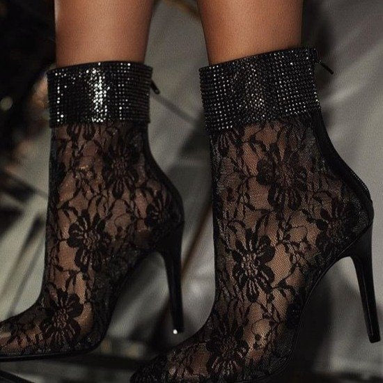 Bottes mi-hautes à talons fins en maille et dentelle pour femmes