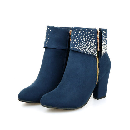 Rhinestone nubuck short heel women boots