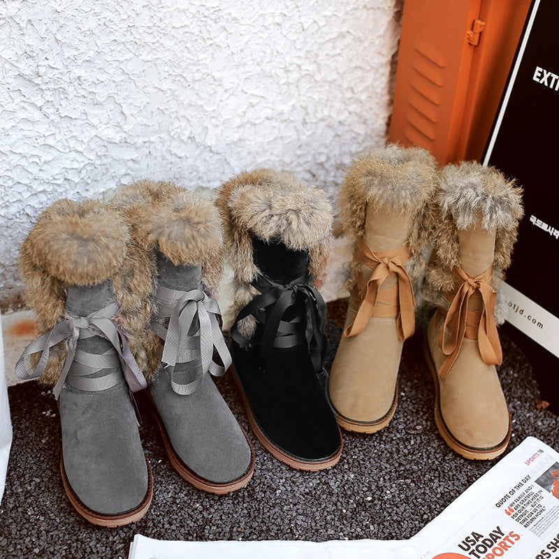 Real rabbit fur flat ankle boots