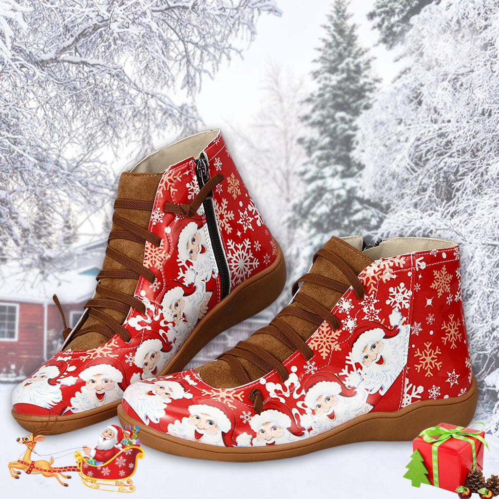 Bottines de Noël pour femmes, chaussures plates à imprimé flocon de neige, père Noël, décontractées, à enfiler, avec fermeture éclair latérale, bottes courtes