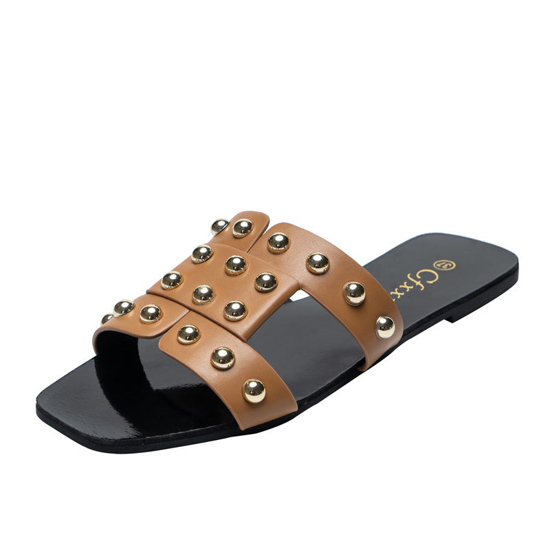 Fashion Rivet Sandals Women's Outer Wear Flat-bottomed Women's Slippers