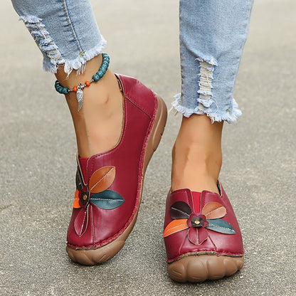 Zapatos sencillos para mujer, mocasines bajos con punta redonda y diseño retro de flores