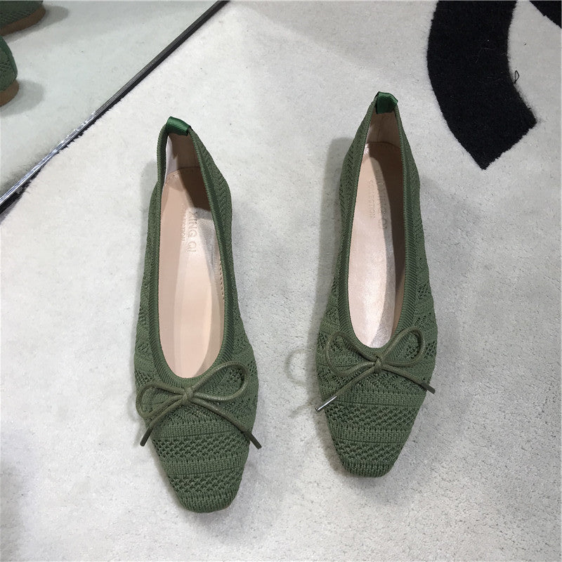 Retro Small Square Toe Bow Hollow Knit Flat Shoes