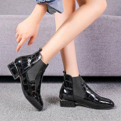 Women's Square Toe Patent Leather Soft Bottom Plus Velvet Warm Cotton Boots Mid-tube Short Boots