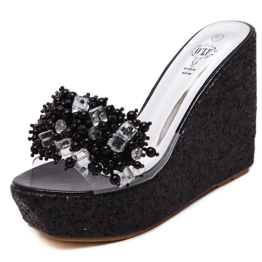 Transparent Rhinestone Slope With High-heeled Sponge Cake Sandals And Slippers