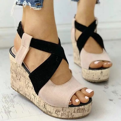 Sandalias de verano con plataforma y tiras cruzadas y tacón de cuña para mujer