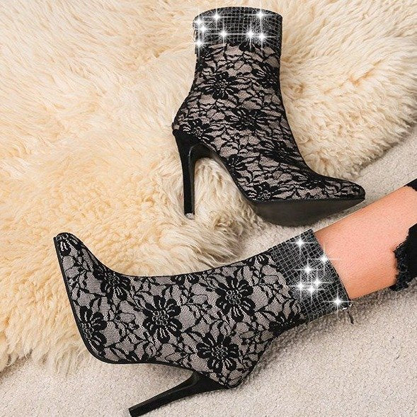 Lace mesh fine-heeled medium boots women