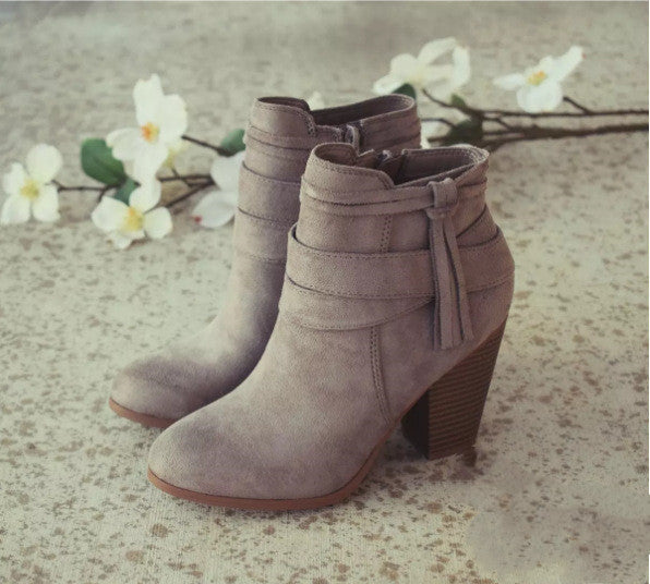 Women's suede side zipper chunky heel boots