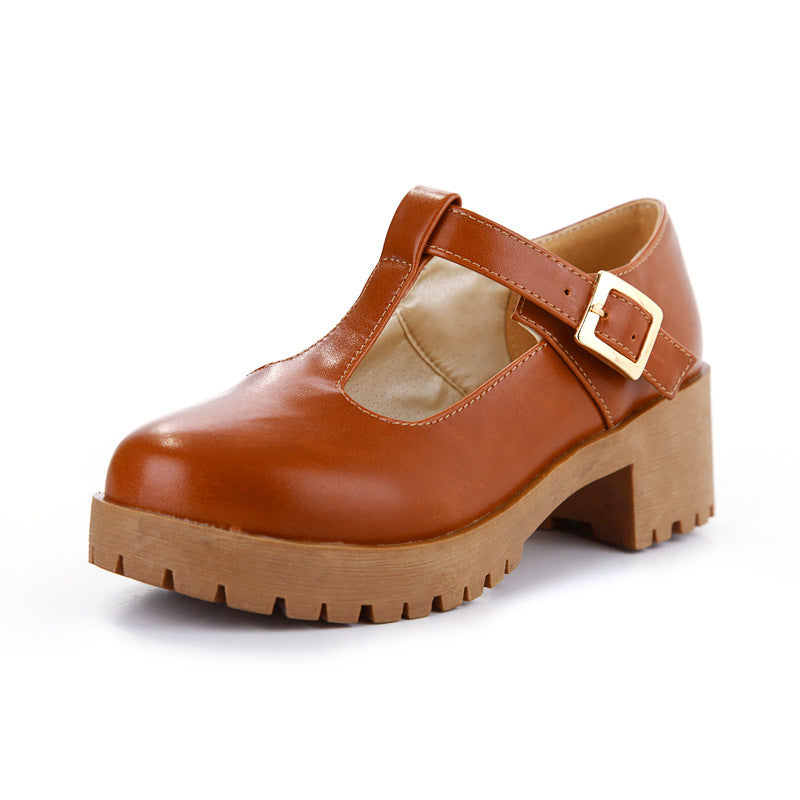 Thick Square Heel T-buckle Belt Student Korean Round Toe Platform Shoes Women's Shoes Large Size Shoes